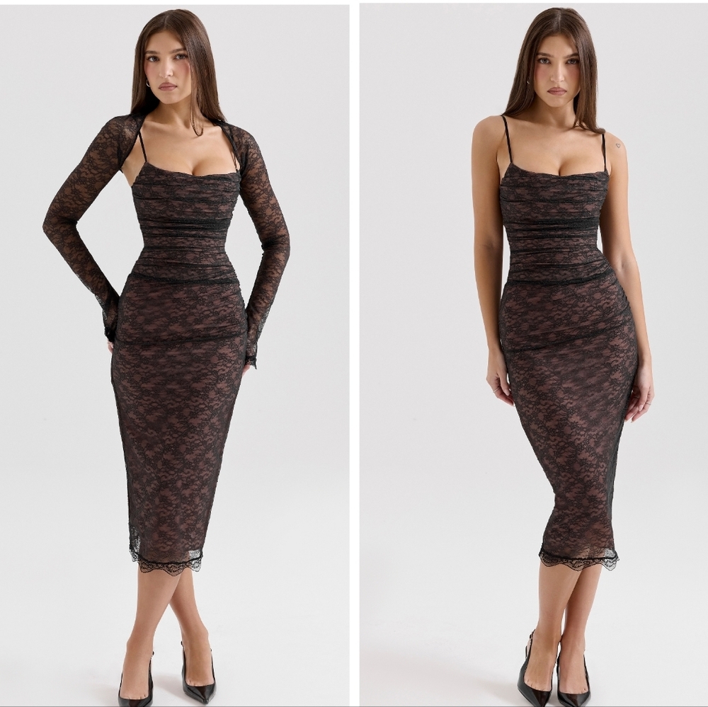 B3. HOUSE OF CB GAIA BLACK LACE CORSET MIDI DRESS WITH BOLERO